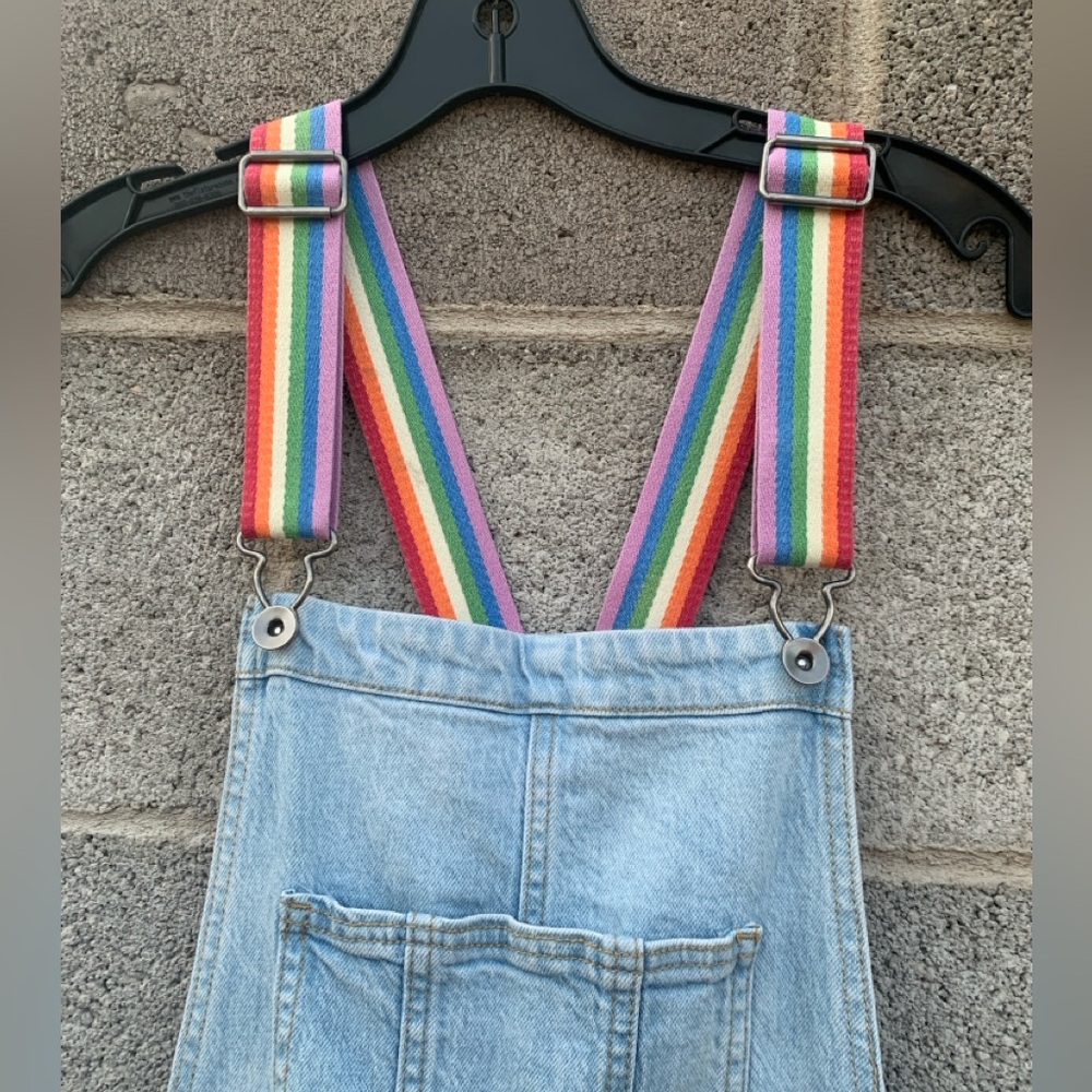 Pride Shortalls Target Denim Rainbow Stripes Light Wash Raw Hem Adult Medium - Picture 2 of 11
